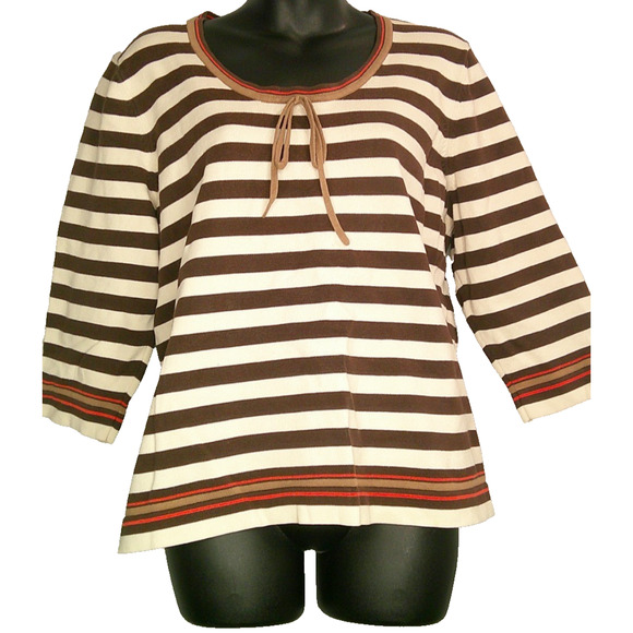 CJ Banks Women's 1X Round Neck Brown/White Striped Blouse with front tie 3/4 Sle - Picture 1 of 7